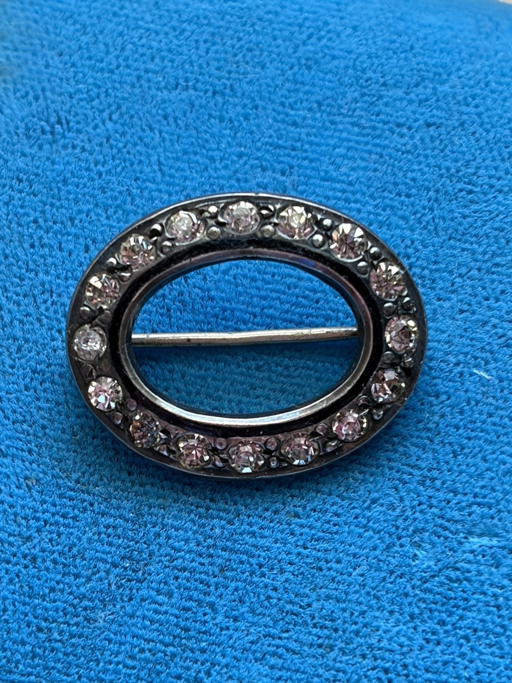 Early Art Deco Era Sterling Silver and 10K Round Brooch with paste stone